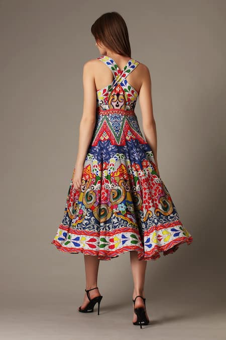 Shop Alpona Designs By Soham Acharya Multi Color Italian Muslin Folk Plunge V Neck Print Sleeveless Dress at Aza Fashions Shop_Alpona Designs By Soham Acharya_Multi Color Italian Muslin Folk Plunge V Neck Print Sleeveless Dress _at_Aza_Fashions