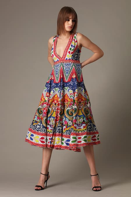 Alpona Designs By Soham Acharya Multi Color Italian Muslin Folk Plunge V Neck Print Sleeveless Dress Online at Aza Fashions Alpona Designs By Soham Acharya_Multi Color Italian Muslin Folk Plunge V Neck Print Sleeveless Dress _Online_at_Aza_Fashions
