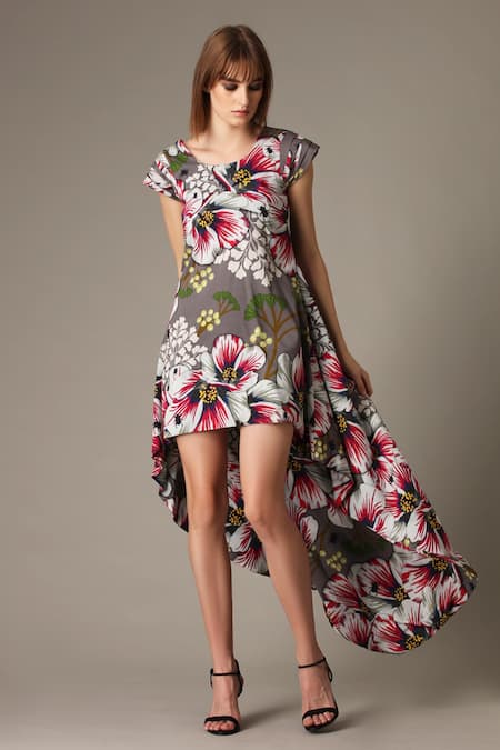 Alpona Designs By Soham Acharya Grey Cotton Floral Round Print High Low Dress 