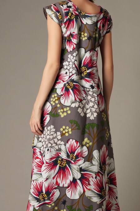Buy_Alpona Designs By Soham Acharya_Grey Cotton Floral Round Print High Low Dress _Online_at_Aza_Fashions