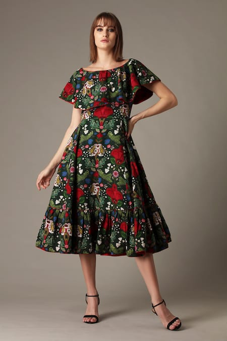Alpona Designs By Soham Acharya Green Cotton Grasshopper Boat Print Dress 