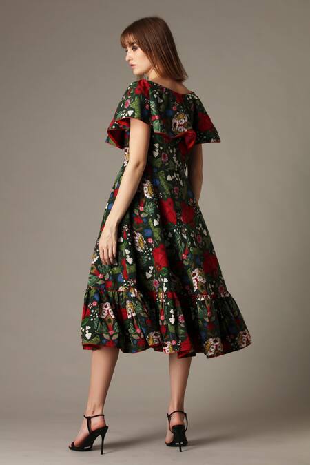 Shop Alpona Designs By Soham Acharya Green Cotton Grasshopper Boat Print Dress at Aza Fashions Shop_Alpona Designs By Soham Acharya_Green Cotton Grasshopper Boat Print Dress _at_Aza_Fashions