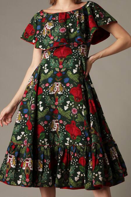 Alpona Designs By Soham Acharya Green Cotton Grasshopper Boat Print Dress Online at Aza Fashions Alpona Designs By Soham Acharya_Green Cotton Grasshopper Boat Print Dress _Online_at_Aza_Fashions