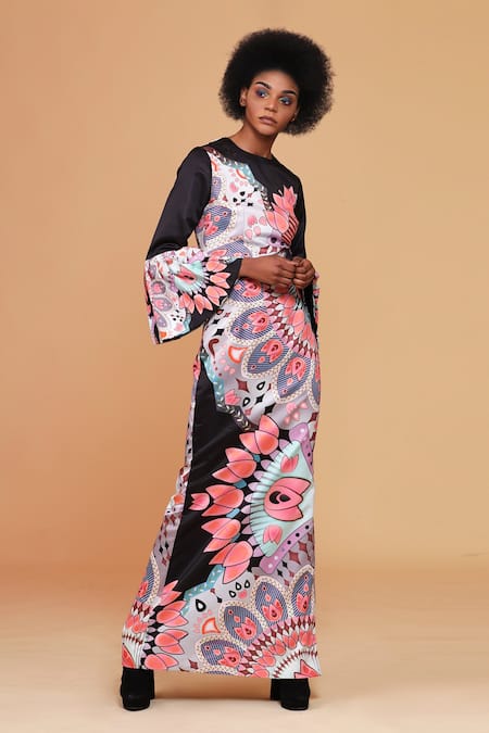 Alpona Designs By Soham Acharya_Black Viscose Satin Folk Round Print Bell Sleeve Gown _Online_at_Aza_Fashions