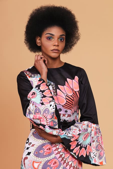 Buy_Alpona Designs By Soham Acharya_Black Viscose Satin Folk Round Print Bell Sleeve Gown _Online_at_Aza_Fashions