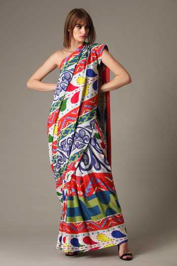 Alpona Designs By Soham Acharya_Multi Color Natural Crepe Folk Print Saree _Online_at_Aza_Fashions