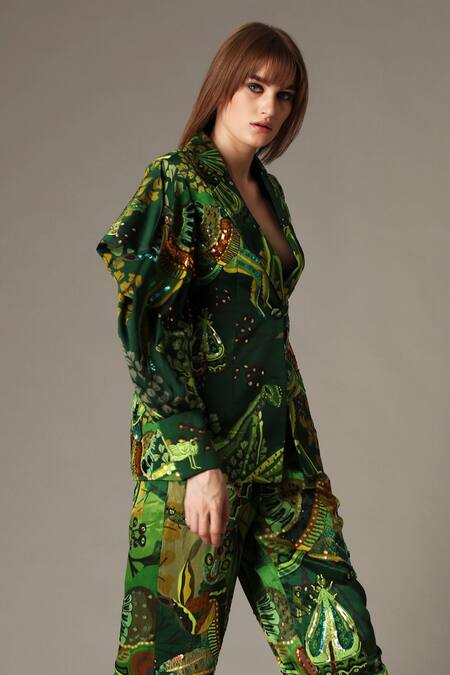 Alpona Designs By Soham Acharya_Green Pure Satin Grasshopper Notched Collar Print Jacket _Online_at_Aza_Fashions