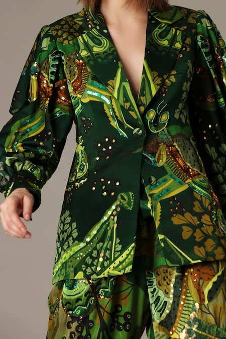 Buy_Alpona Designs By Soham Acharya_Green Pure Satin Grasshopper Notched Collar Print Jacket _Online_at_Aza_Fashions