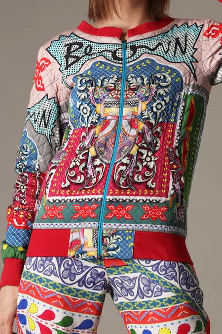 Buy_Alpona Designs By Soham Acharya_Multi Color Modal Satin Folk Round Print Quilted Jacket _Online_at_Aza_Fashions