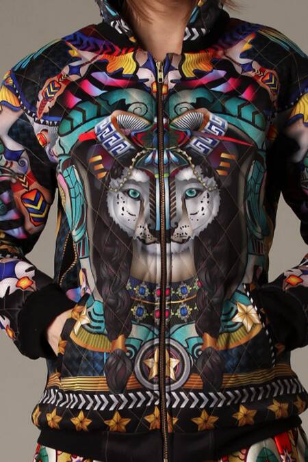 Buy_Alpona Designs By Soham Acharya_Black Viscose Satin Civilised Tiger Print V Neck Hoodie _Online_at_Aza_Fashions