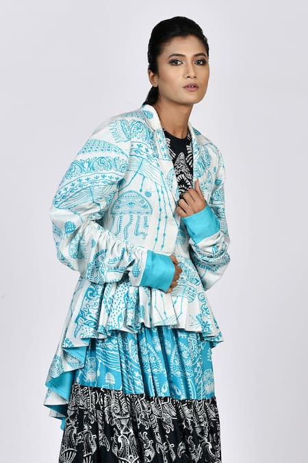 Alpona Designs By Soham Acharya White Rayon Cotton Ocean Notched Collar Print Asymmetric Jacket 