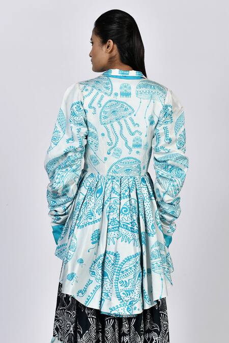 Shop Alpona Designs By Soham Acharya White Rayon Cotton Ocean Notched Collar Print Asymmetric Jacket at Aza Fashions Shop_Alpona Designs By Soham Acharya_White Rayon Cotton Ocean Notched Collar Print Asymmetric Jacket _at_Aza_Fashions