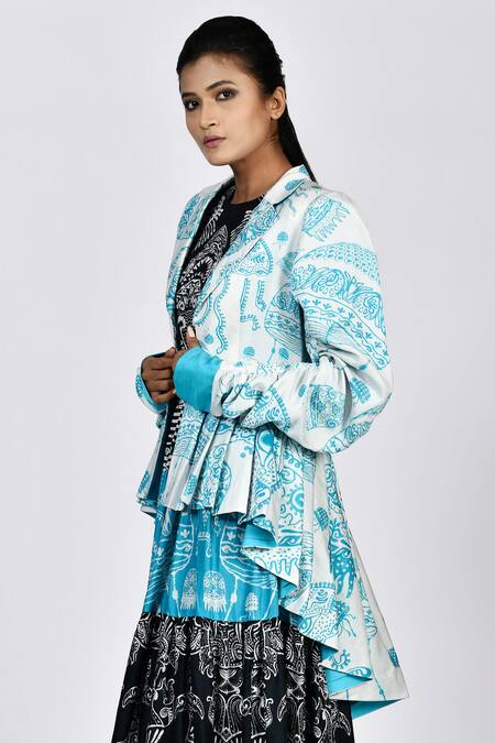 Alpona Designs By Soham Acharya White Rayon Cotton Ocean Notched Collar Print Asymmetric Jacket Online at Aza Fashions Alpona Designs By Soham Acharya_White Rayon Cotton Ocean Notched Collar Print Asymmetric Jacket _Online_at_Aza_Fashions