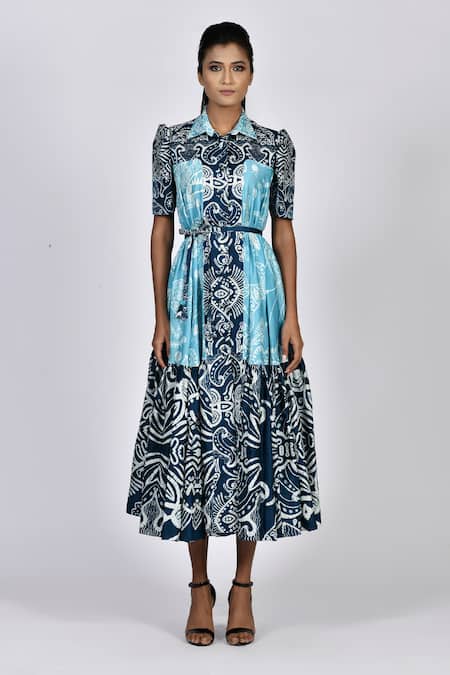 Alpona Designs By Soham Acharya Ocean Print Tiered Shirt Dress