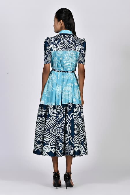 Alpona Designs By Soham Acharya Ocean Print Tiered Shirt Dress