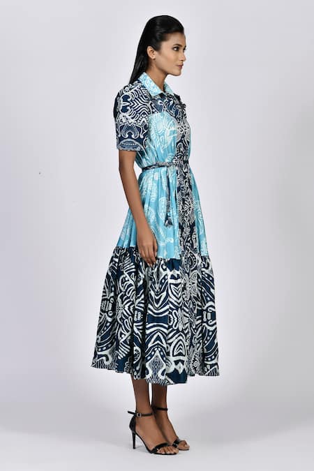 Alpona Designs By Soham Acharya_Blue Rayon Cotton Ocean Spread Collar Print Tiered Shirt Dress _Online_at_Aza_Fashions