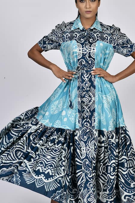 Buy_Alpona Designs By Soham Acharya_Blue Rayon Cotton Ocean Spread Collar Print Tiered Shirt Dress _Online_at_Aza_Fashions