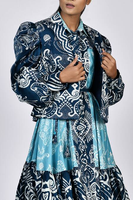 Alpona Designs By Soham Acharya Blue Rayon Cotton Ocean Notched Collar Print Puff Sleeve Jacket Online at Aza Fashions Alpona Designs By Soham Acharya_Blue Rayon Cotton Ocean Notched Collar Print Puff Sleeve Jacket _Online_at_Aza_Fashions