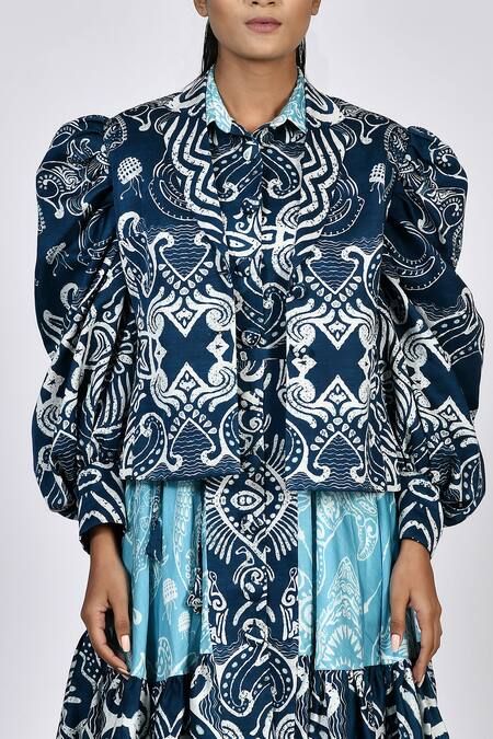 Buy Alpona Designs By Soham Acharya Blue Rayon Cotton Ocean Notched Collar Print Puff Sleeve Jacket Online at Aza Fashions Buy_Alpona Designs By Soham Acharya_Blue Rayon Cotton Ocean Notched Collar Print Puff Sleeve Jacket _Online_at_Aza_Fashions