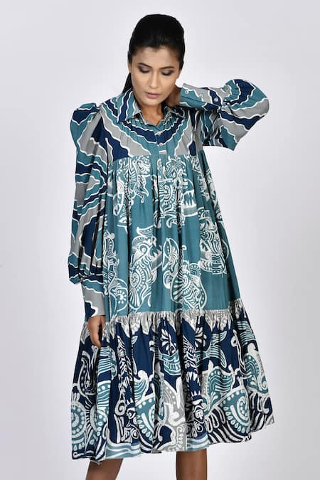 Alpona Designs By Soham Acharya Blue Rayon Cotton Ocean Shirt Collar Print Puff Sleeve Dress 