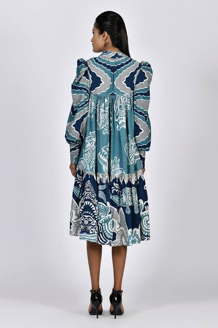 Shop Alpona Designs By Soham Acharya Blue Rayon Cotton Ocean Shirt Collar Print Puff Sleeve Dress at Aza Fashions Shop_Alpona Designs By Soham Acharya_Blue Rayon Cotton Ocean Shirt Collar Print Puff Sleeve Dress _at_Aza_Fashions