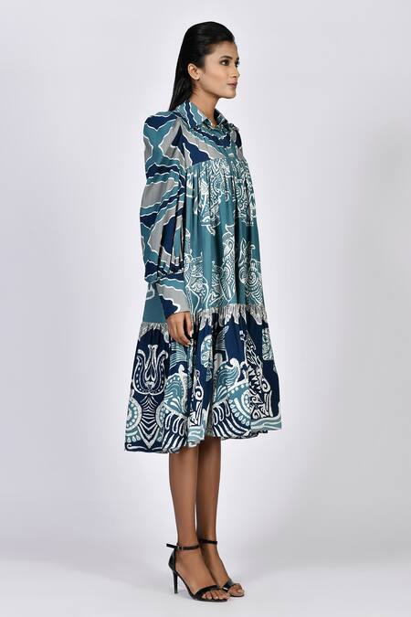 Alpona Designs By Soham Acharya Blue Rayon Cotton Ocean Shirt Collar Print Puff Sleeve Dress Online at Aza Fashions Alpona Designs By Soham Acharya_Blue Rayon Cotton Ocean Shirt Collar Print Puff Sleeve Dress _Online_at_Aza_Fashions