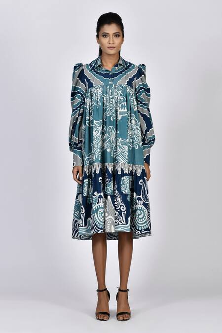Buy Alpona Designs By Soham Acharya Blue Rayon Cotton Ocean Shirt Collar Print Puff Sleeve Dress Online at Aza Fashions Buy_Alpona Designs By Soham Acharya_Blue Rayon Cotton Ocean Shirt Collar Print Puff Sleeve Dress _Online_at_Aza_Fashions