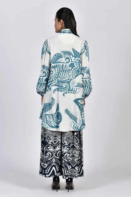 Alpona Designs By Soham Acharya Ocean Print Puff Sleeve Tunic Dress 
