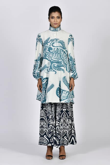 Alpona Designs By Soham Acharya White Rayon Cotton Ocean Mandarin Collar Print Puff Sleeve Tunic Dress Online at Aza Fashions Alpona Designs By Soham Acharya_White Rayon Cotton Ocean Mandarin Collar Print Puff Sleeve Tunic Dress _Online_at_Aza_Fashions