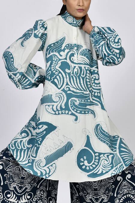 Buy Alpona Designs By Soham Acharya White Rayon Cotton Ocean Mandarin Collar Print Puff Sleeve Tunic Dress Online at Aza Fashions Buy_Alpona Designs By Soham Acharya_White Rayon Cotton Ocean Mandarin Collar Print Puff Sleeve Tunic Dress _Online_at_Aza_Fashions
