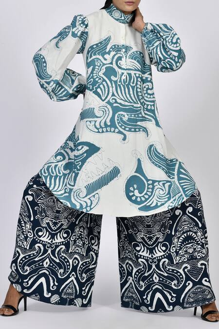 Shop Alpona Designs By Soham Acharya Blue Rayon Cotton Ocean Print Culottes at Aza Fashions Shop_Alpona Designs By Soham Acharya_Blue Rayon Cotton Ocean Print Culottes _at_Aza_Fashions