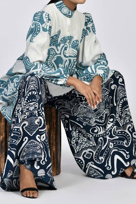 Alpona Designs By Soham Acharya Blue Rayon Cotton Ocean Print Culottes Online at Aza Fashions Alpona Designs By Soham Acharya_Blue Rayon Cotton Ocean Print Culottes _Online_at_Aza_Fashions