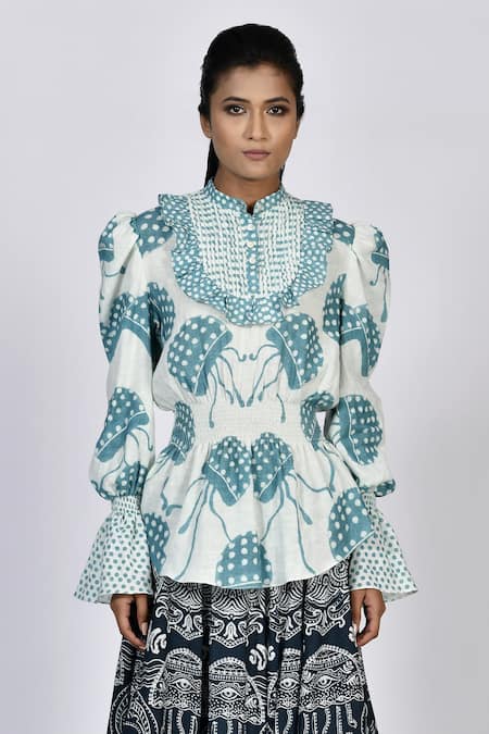 Alpona Designs By Soham Acharya White Rayon Cotton Ocean Mandarin Collar Print Top 