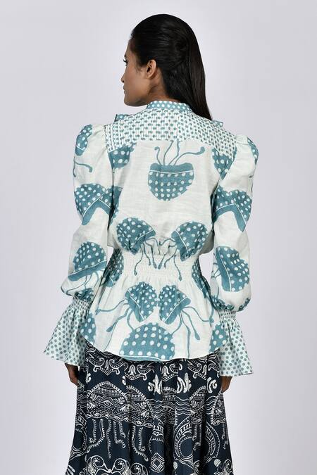 Shop Alpona Designs By Soham Acharya White Rayon Cotton Ocean Mandarin Collar Print Top at Aza Fashions Shop_Alpona Designs By Soham Acharya_White Rayon Cotton Ocean Mandarin Collar Print Top _at_Aza_Fashions