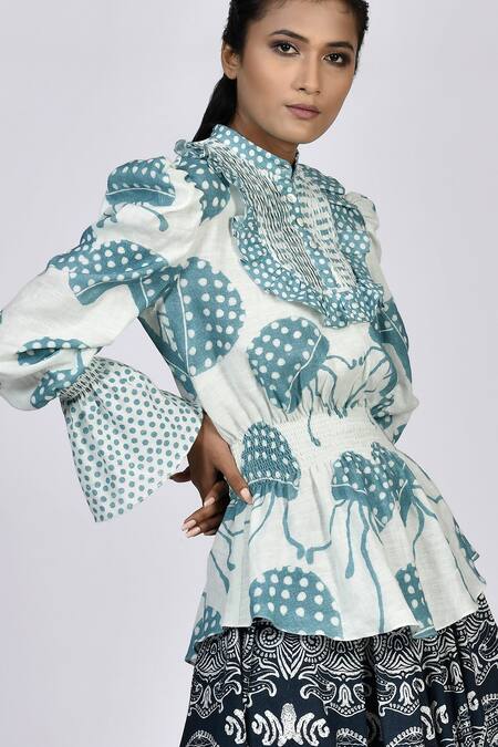 Buy Alpona Designs By Soham Acharya White Rayon Cotton Ocean Mandarin Collar Print Top Online at Aza Fashions Buy_Alpona Designs By Soham Acharya_White Rayon Cotton Ocean Mandarin Collar Print Top _Online_at_Aza_Fashions