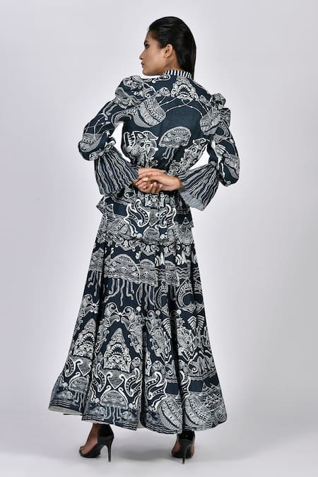 Shop Alpona Designs By Soham Acharya Blue Rayon Cotton Ocean Print Skirt at Aza Fashions Shop_Alpona Designs By Soham Acharya_Blue Rayon Cotton Ocean Print Skirt _at_Aza_Fashions