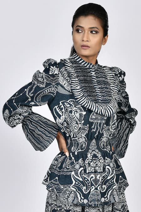 Alpona Designs By Soham Acharya Blue Rayon Cotton Ocean Mandarin Collar Print Top 