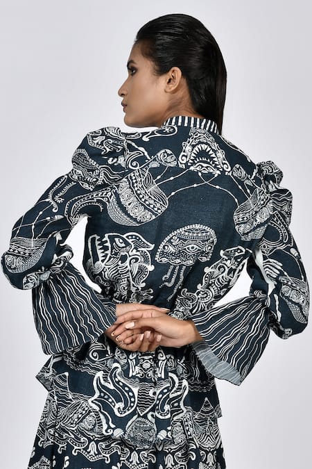 Shop Alpona Designs By Soham Acharya Blue Rayon Cotton Ocean Mandarin Collar Print Top at Aza Fashions Shop_Alpona Designs By Soham Acharya_Blue Rayon Cotton Ocean Mandarin Collar Print Top _at_Aza_Fashions