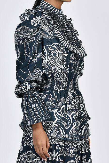 Buy Alpona Designs By Soham Acharya Blue Rayon Cotton Ocean Mandarin Collar Print Top Online at Aza Fashions Buy_Alpona Designs By Soham Acharya_Blue Rayon Cotton Ocean Mandarin Collar Print Top _Online_at_Aza_Fashions