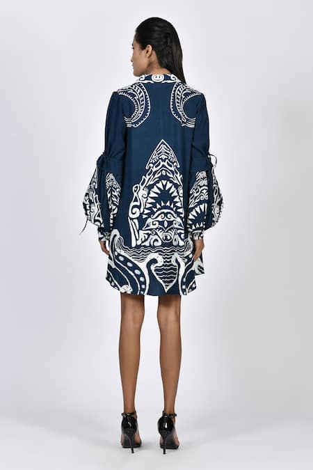 Alpona Designs By Soham Acharya Ocean Print Puff Sleeve Tunic Dress 