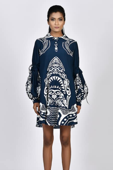 Alpona Designs By Soham Acharya Blue Rayon Cotton Ocean Peter Pan Print Puff Sleeve Tunic Dress Online at Aza Fashions Alpona Designs By Soham Acharya_Blue Rayon Cotton Ocean Peter Pan Print Puff Sleeve Tunic Dress _Online_at_Aza_Fashions