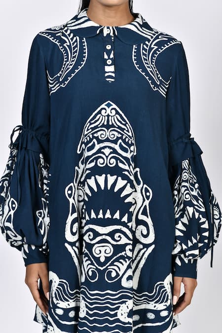 Buy Alpona Designs By Soham Acharya Blue Rayon Cotton Ocean Peter Pan Print Puff Sleeve Tunic Dress Online at Aza Fashions Buy_Alpona Designs By Soham Acharya_Blue Rayon Cotton Ocean Peter Pan Print Puff Sleeve Tunic Dress _Online_at_Aza_Fashions
