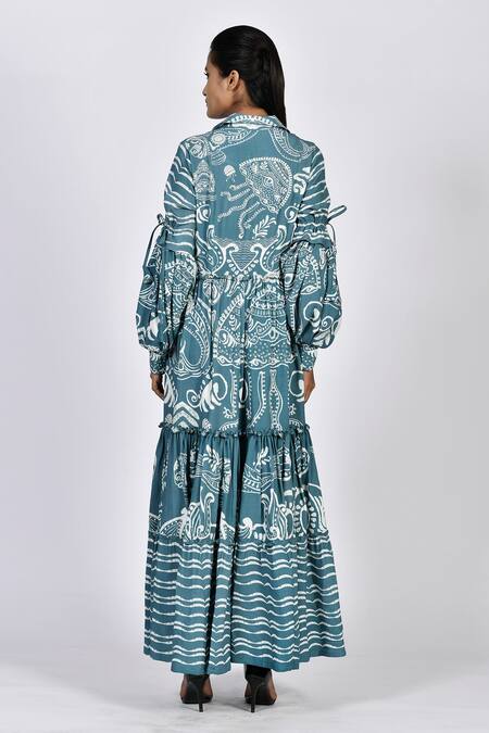 Alpona Designs By Soham Acharya Ocean Print Puff Sleeve Dress 