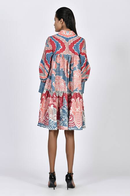 Shop Alpona Designs By Soham Acharya Blue Rayon Cotton Ocean Shirt Collar Print Puff Sleeve Dress at Aza Fashions Shop_Alpona Designs By Soham Acharya_Blue Rayon Cotton Ocean Shirt Collar Print Puff Sleeve Dress _at_Aza_Fashions