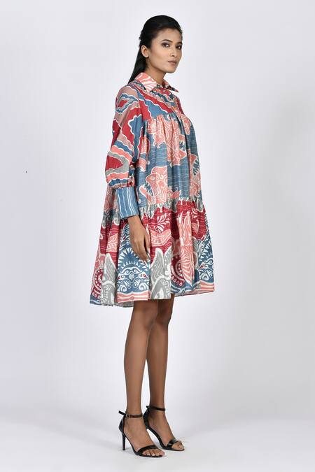 Alpona Designs By Soham Acharya Blue Rayon Cotton Ocean Shirt Collar Print Puff Sleeve Dress Online at Aza Fashions Alpona Designs By Soham Acharya_Blue Rayon Cotton Ocean Shirt Collar Print Puff Sleeve Dress _Online_at_Aza_Fashions