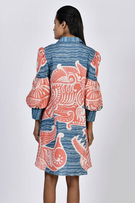 Shop Alpona Designs By Soham Acharya Blue Rayon Cotton Ocean Shirt Collar Print Puff Sleeve Tunic Dress at Aza Fashions Shop_Alpona Designs By Soham Acharya_Blue Rayon Cotton Ocean Shirt Collar Print Puff Sleeve Tunic Dress _at_Aza_Fashions