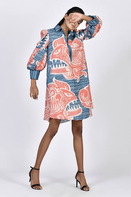 Alpona Designs By Soham Acharya Blue Rayon Cotton Ocean Shirt Collar Print Puff Sleeve Tunic Dress Online at Aza Fashions Alpona Designs By Soham Acharya_Blue Rayon Cotton Ocean Shirt Collar Print Puff Sleeve Tunic Dress _Online_at_Aza_Fashions