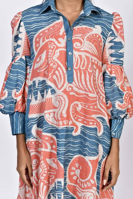 Buy Alpona Designs By Soham Acharya Blue Rayon Cotton Ocean Shirt Collar Print Puff Sleeve Tunic Dress Online at Aza Fashions Buy_Alpona Designs By Soham Acharya_Blue Rayon Cotton Ocean Shirt Collar Print Puff Sleeve Tunic Dress _Online_at_Aza_Fashions