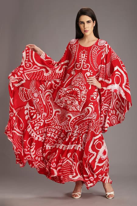 Alpona Designs By Soham Acharya_Red Natural Crepe Ocean Round Print Kaftan Dress _Online_at_Aza_Fashions
