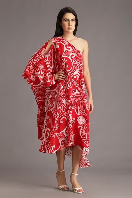 Alpona Designs By Soham Acharya Red Natural Crepe Ocean Asymmetric Print One Shoulder Dress 